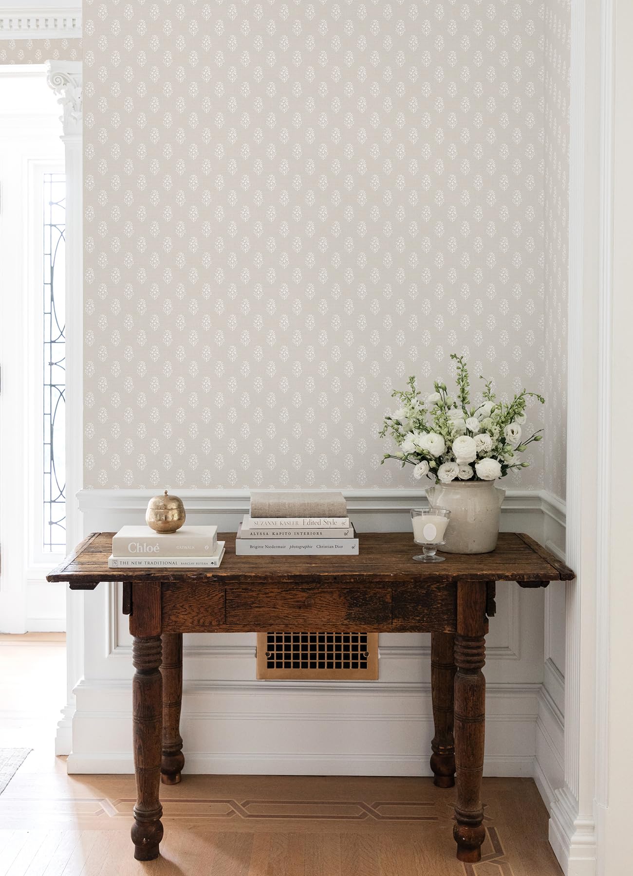 NuWallpaper x Nabela Noor Home Safia Sand Peel and Stick Wallpaper, Beige, Flowers, Transitional, Self-Adhesive, 20.5-in x 18-ft