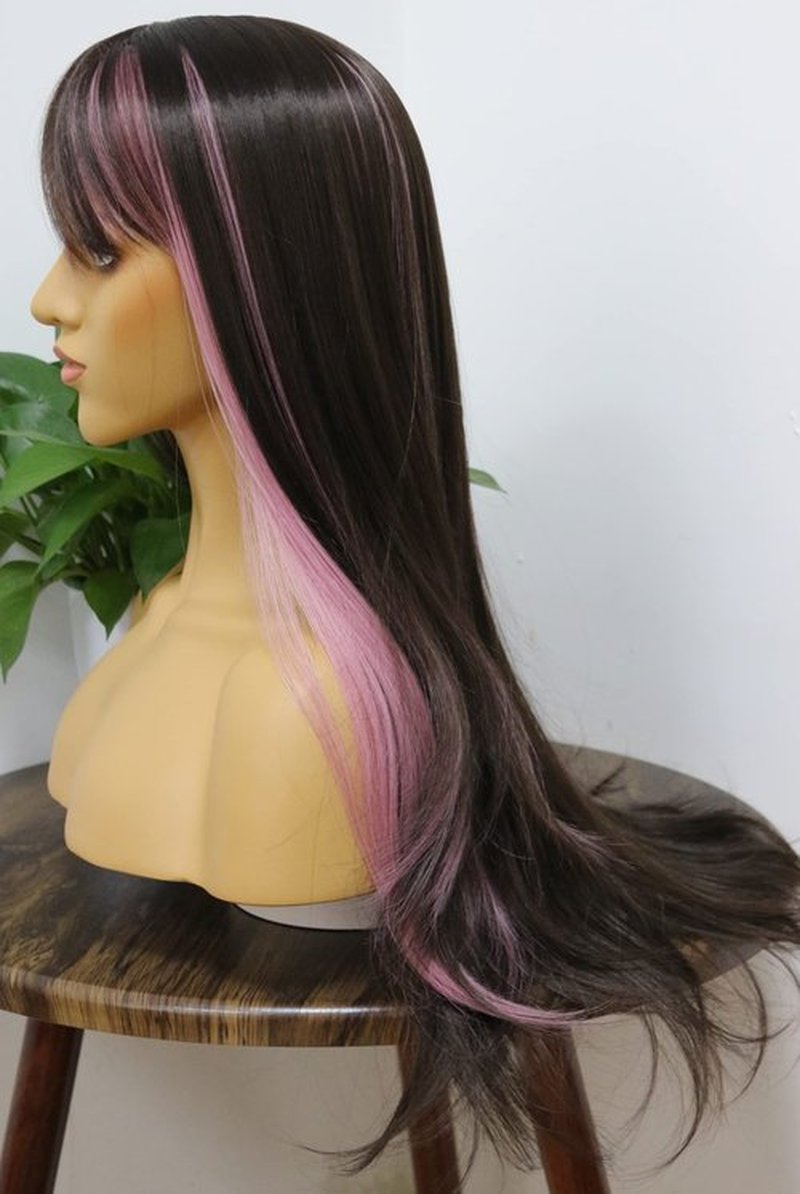 MSMYRNS Pink Highlights Dark Brown Color Mixed Bang Wig Heat Resistant Synthetic Wig Glueless Scalp Wig For Fashion Girls Hair Replacement Unit Party Cosplay Daily Use Natural Wavy Curly Wigs