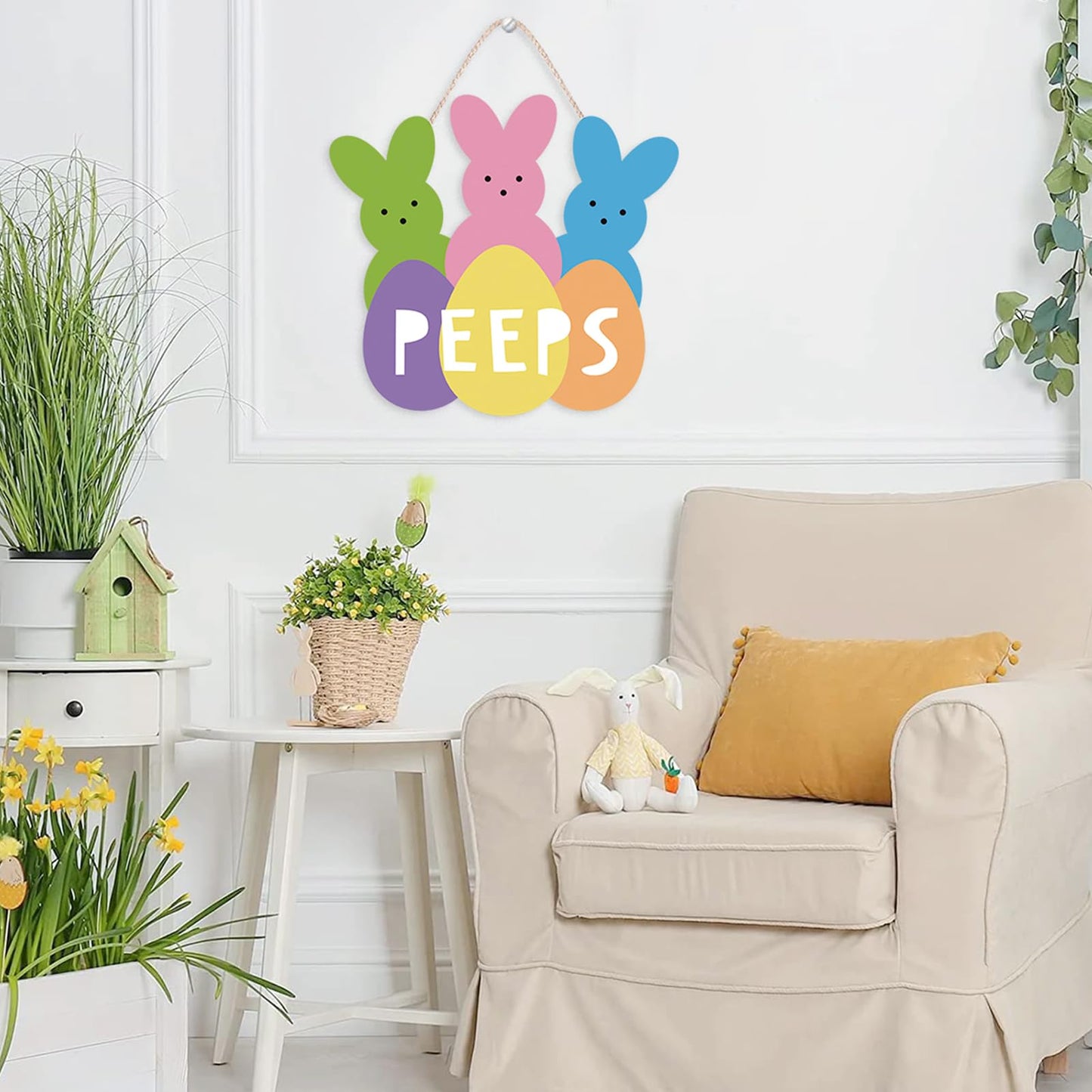 Easter Wreath Hanging Sign, Welcome Peeps Easter Door Decorations Cute Bunny Wood Hanger Wall Decor Home Window Farmhouse Door Sign Front Door