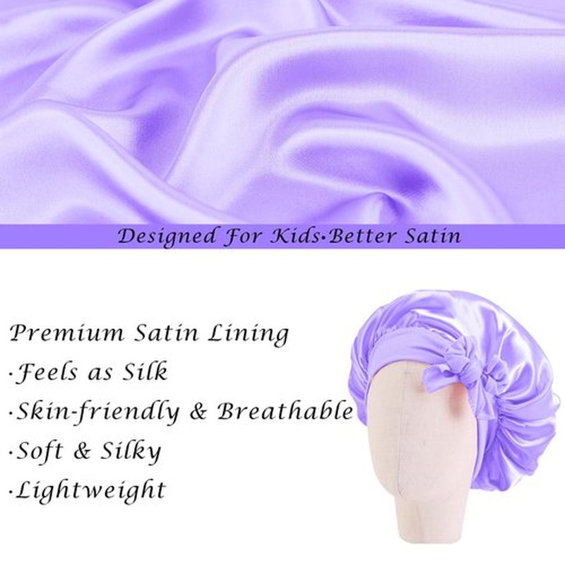 3Pcs Kids Silk Satin Bonnet for Sleeping - Baby Hair Sleep Bonnet,Kids Bonnets for Girls Toddler Child with Wide Elastic Tie Band,Sleep Cap Night Hair Hats for Curly Natural Hair(Purple+Blue+Gold)