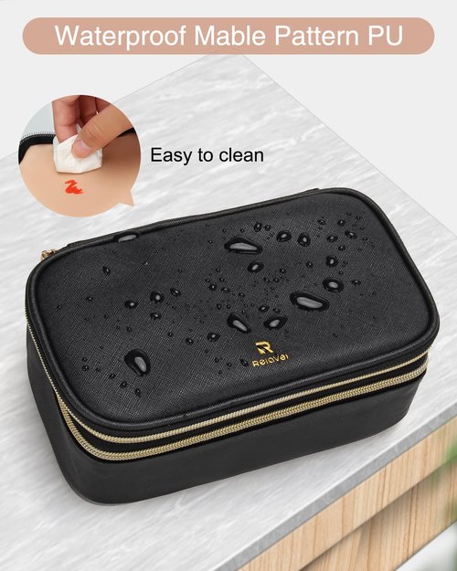 Relavel Small Makeup Bag, Makeup Brush Cosmetic Organizer, Portable 2 Layer Travel Makeup Organizer, Cosmetic Bag for Women, Handbag Purse Pouch, Compact Capacity for Daily Use (Black)