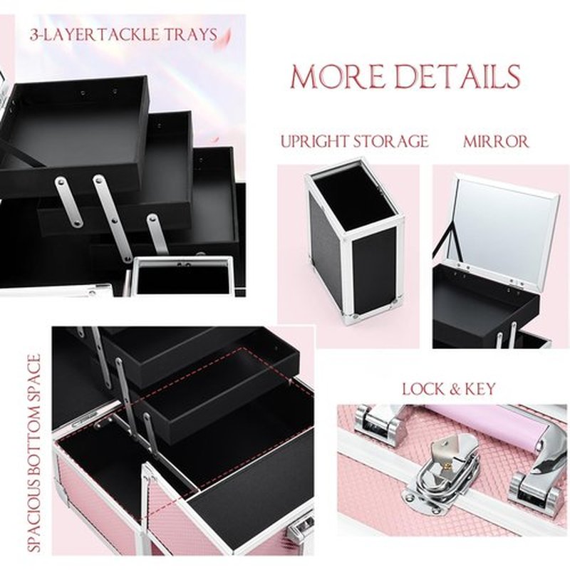 Joligrace Makeup Train Case Cosmetic Box 11.6 Inches Jewelry Organizer Professional 3 Tiers Trays with Mirror and Brush Holder Lockable Key Portable Travel Mermaid Pink