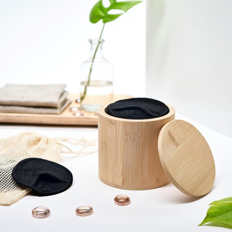Reusable Cotton Rounds - 18 Pack for Makeup Removal | Bamboo Holder & Mesh Storage Bag (Black)