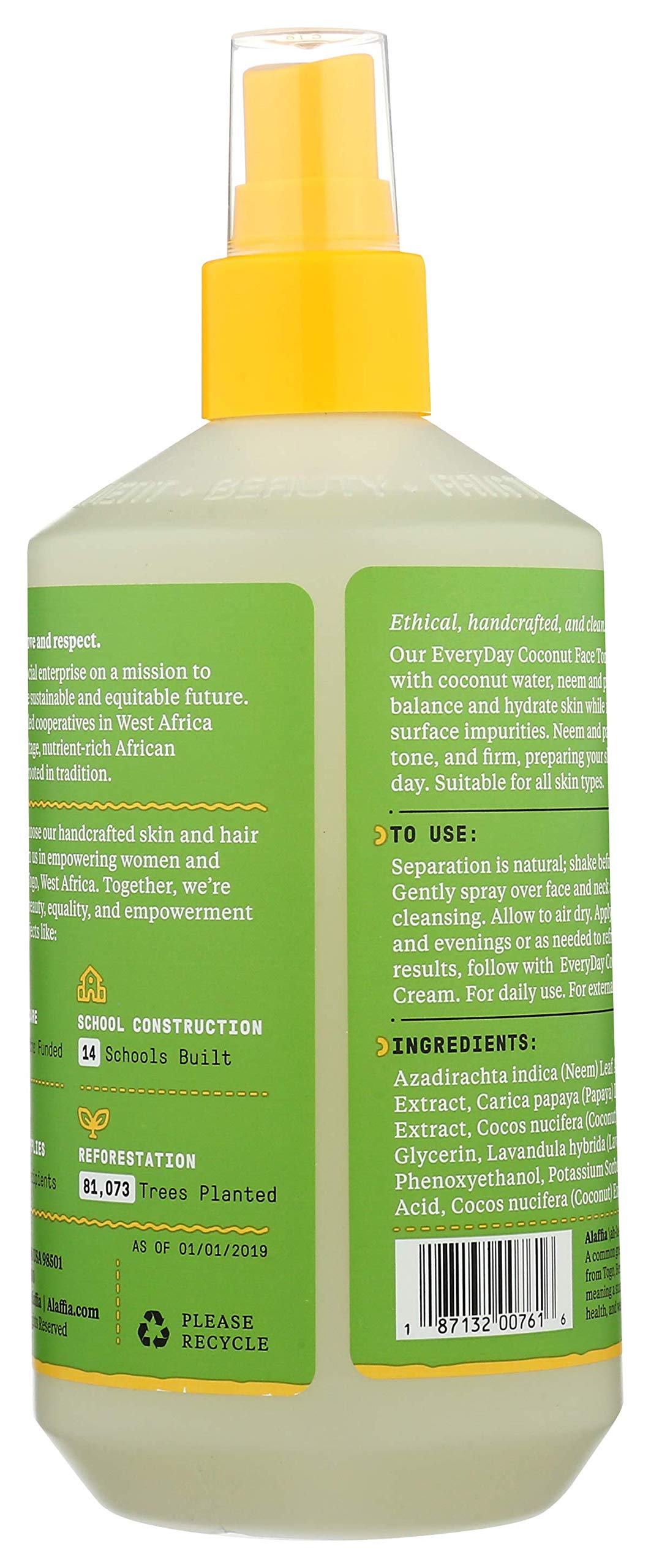 Alaffia Everyday Coconut Face Toner, Helps Hydrate and Balance Facial Skin for All Skin Types, Coconut Water, Neem, & Papaya, Cruelty Free, No Parabens, Vegan, Purely Coconut, 2 Pack - 12 Fl Oz Ea