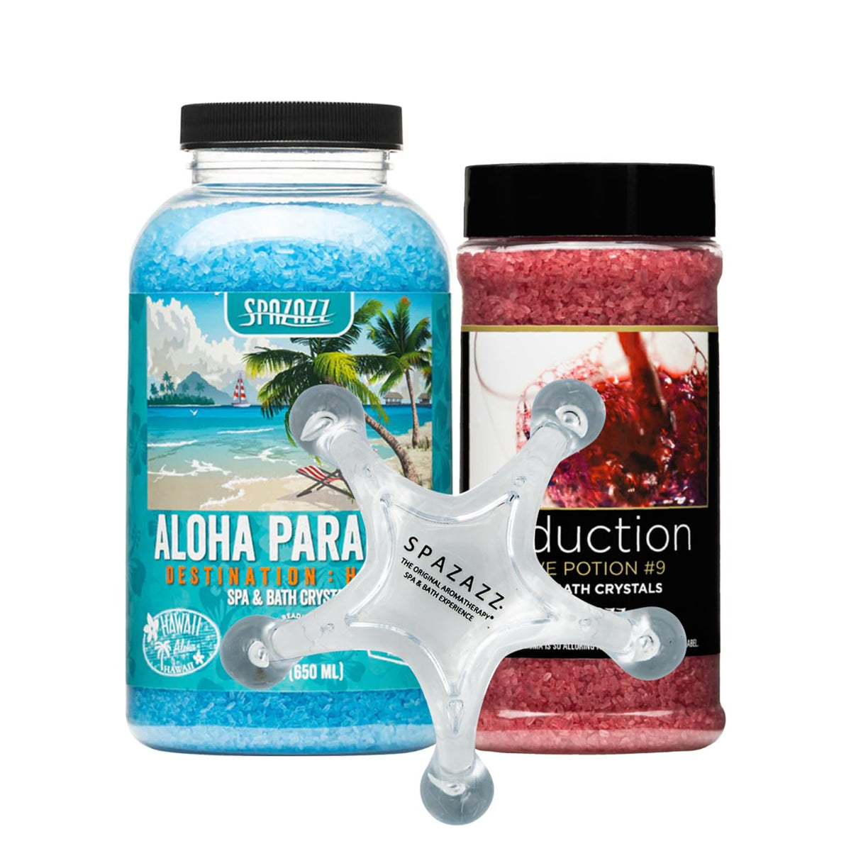 Spazazz Spa Aromatherapy Crystals for Hot Tub -Couples Gift for Love, Romance, Anniversaries -Love Potion #9 Seduction 17oz -Destinations Hawaii Aloha Paradise 22oz with 5 Point Full Body Massage Tool
