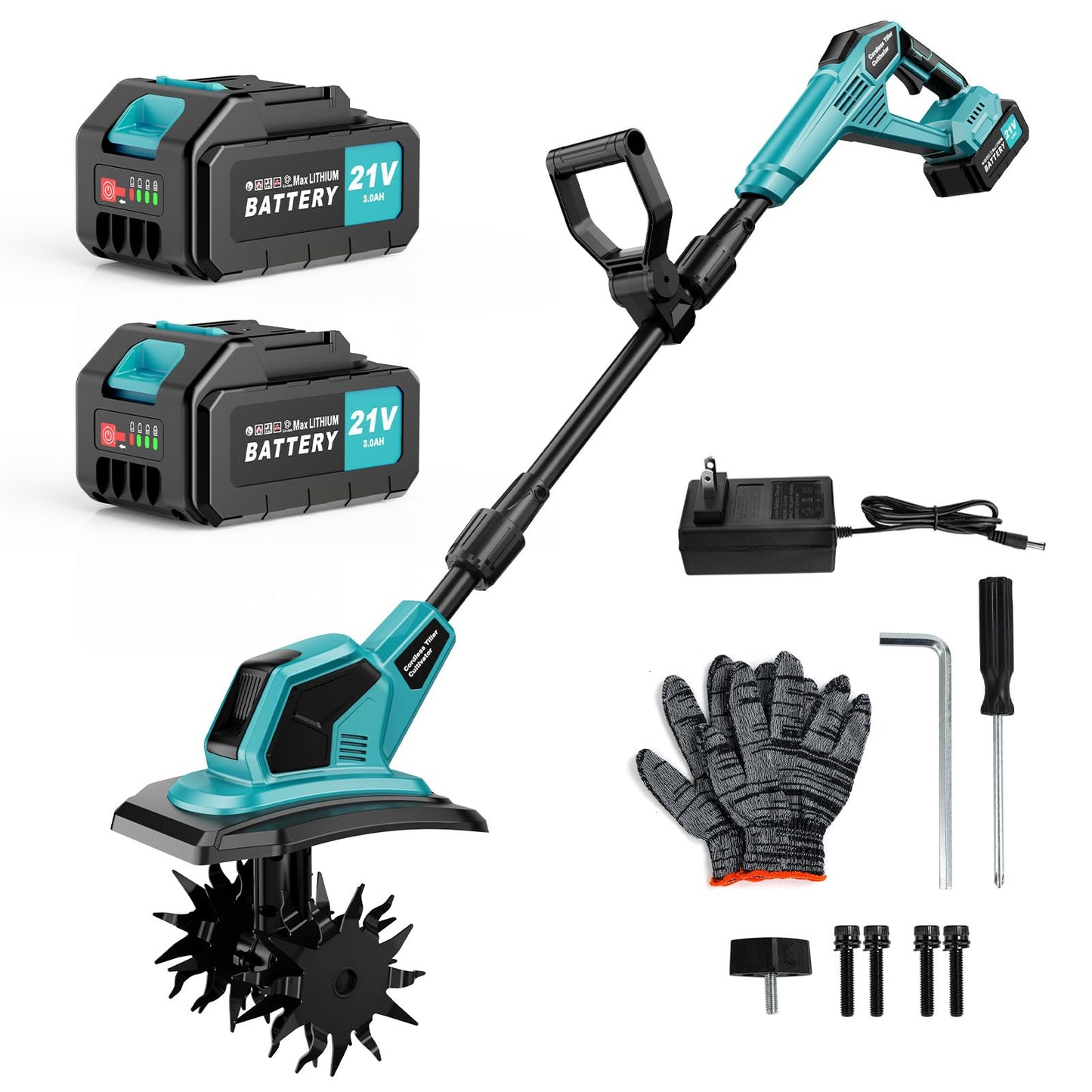 Cordless Tiller Cultivator, 360RPM Electric Garden Tiller, with 2 x 3.0Ah Batteries & Charger, 9In Tilling Width and 6.6In Depth Garden Rototiller for Lawn/Gardening/Soil Cultivation