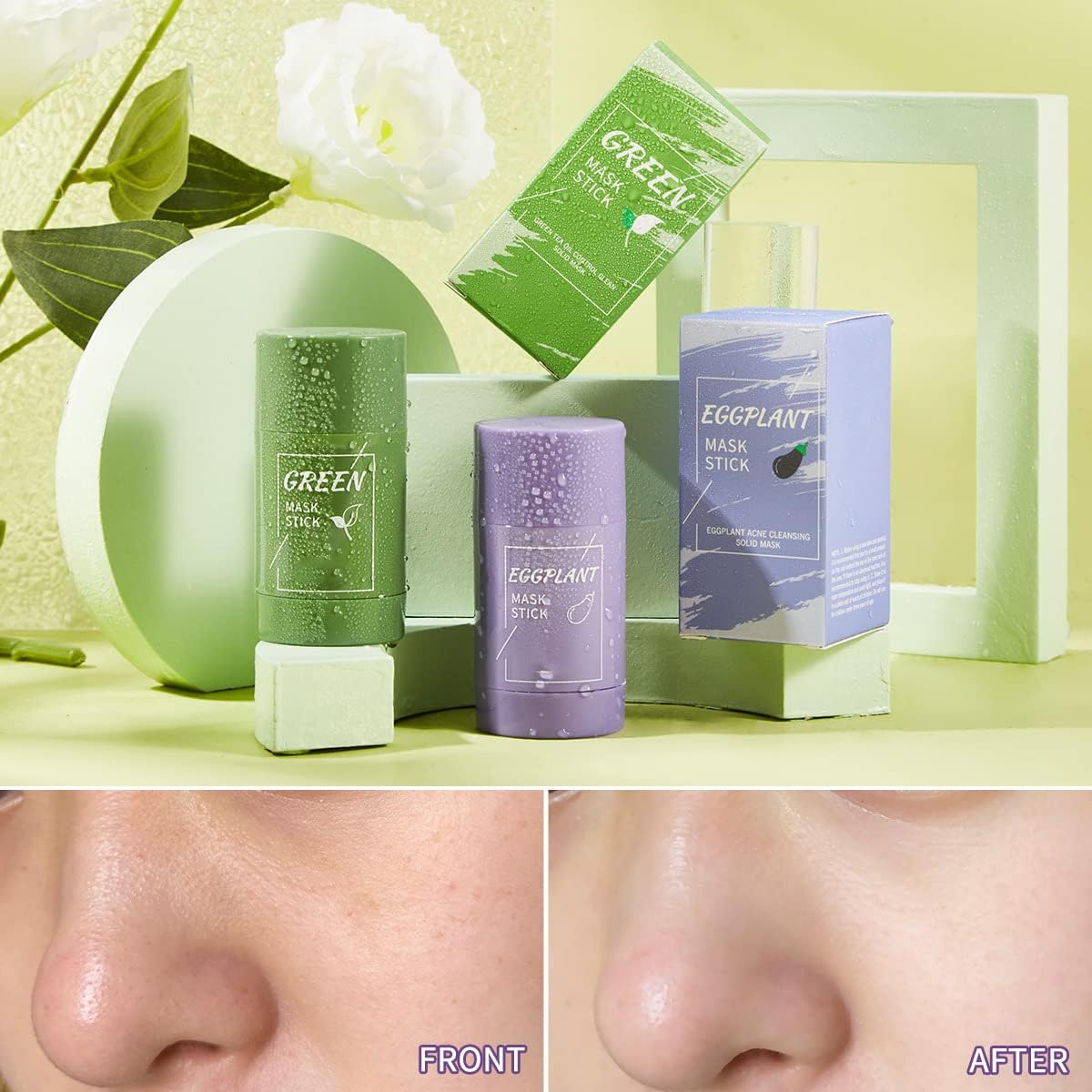 Porcolle 2 Pcs Green Tea Mask Stick for Face,10 Minutes Blackhead Remover with Green Tea Extract, Moisturizing Face mask, Green Mask Stick for Face Moisturizing