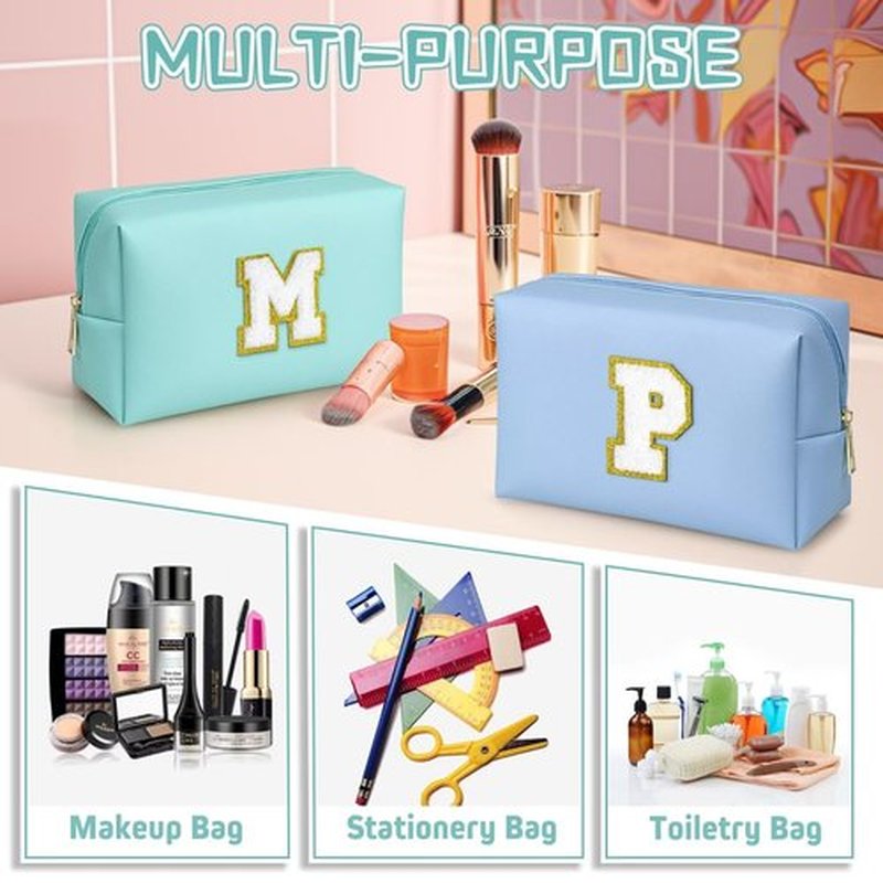 TOPEAST Preppy Makeup Bag, Personalized Initial Bags with Zipper, Cute Makeup Pouch, PU Leather Waterproof Cosmetic Bag, Birthday Gift For Daughter, Preppy Things For Girls (Blue A)