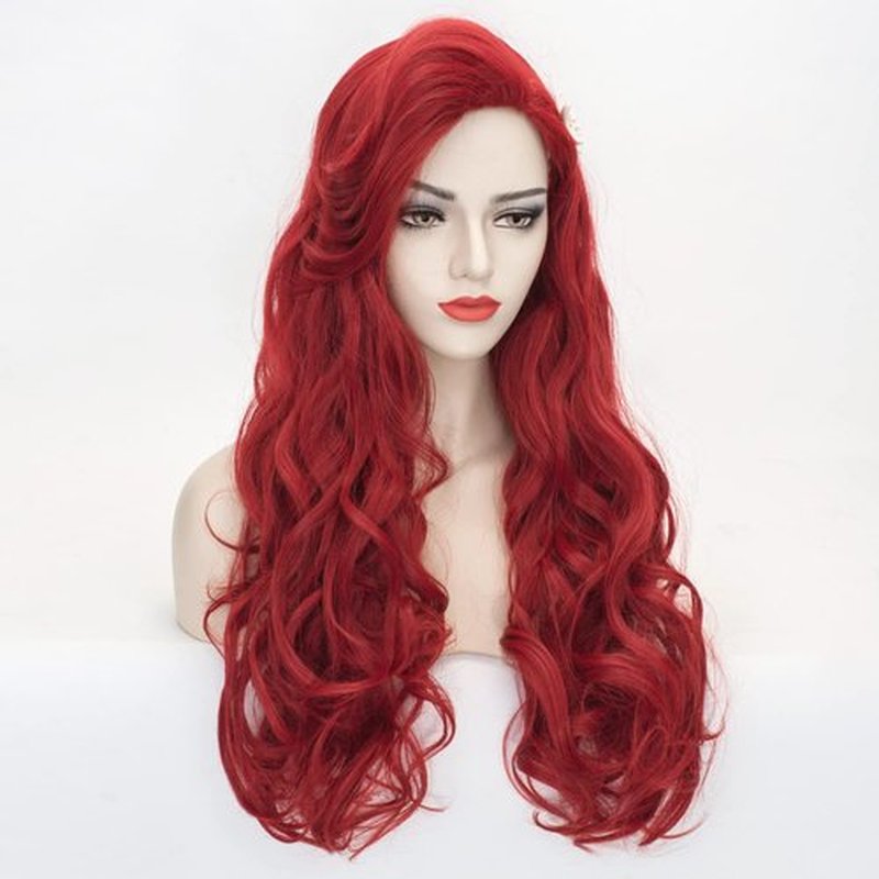Wiggy Mermaid Wig + Starfish Hairpin Women Red Long Curly Wavy Cosplay Wigs with Bangs Halloween Party Costume Heat Resistant Wig + Wig Cap