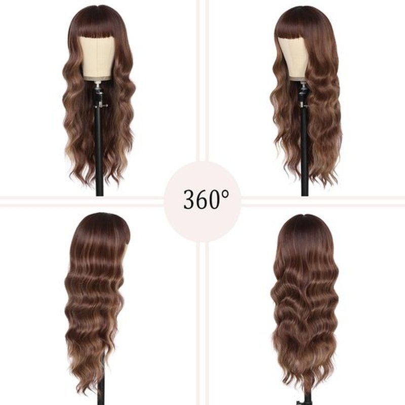 punhurt Brown Wig with Bangs for Women Long Wavy Hair Wig Brown Highlight Wig Curly Wavy Synthetic Wigs for Girls Daily Party Use