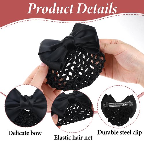 JIYIN 2 Pcs Hair Net with Bow, Elastic Mesh Hair Bun Cover Crochet Barrette Butterfly Ribbon Hair Clip Net Bun Holders With knot Knit Mesh Hairnets Snoods for Women(blue+black)