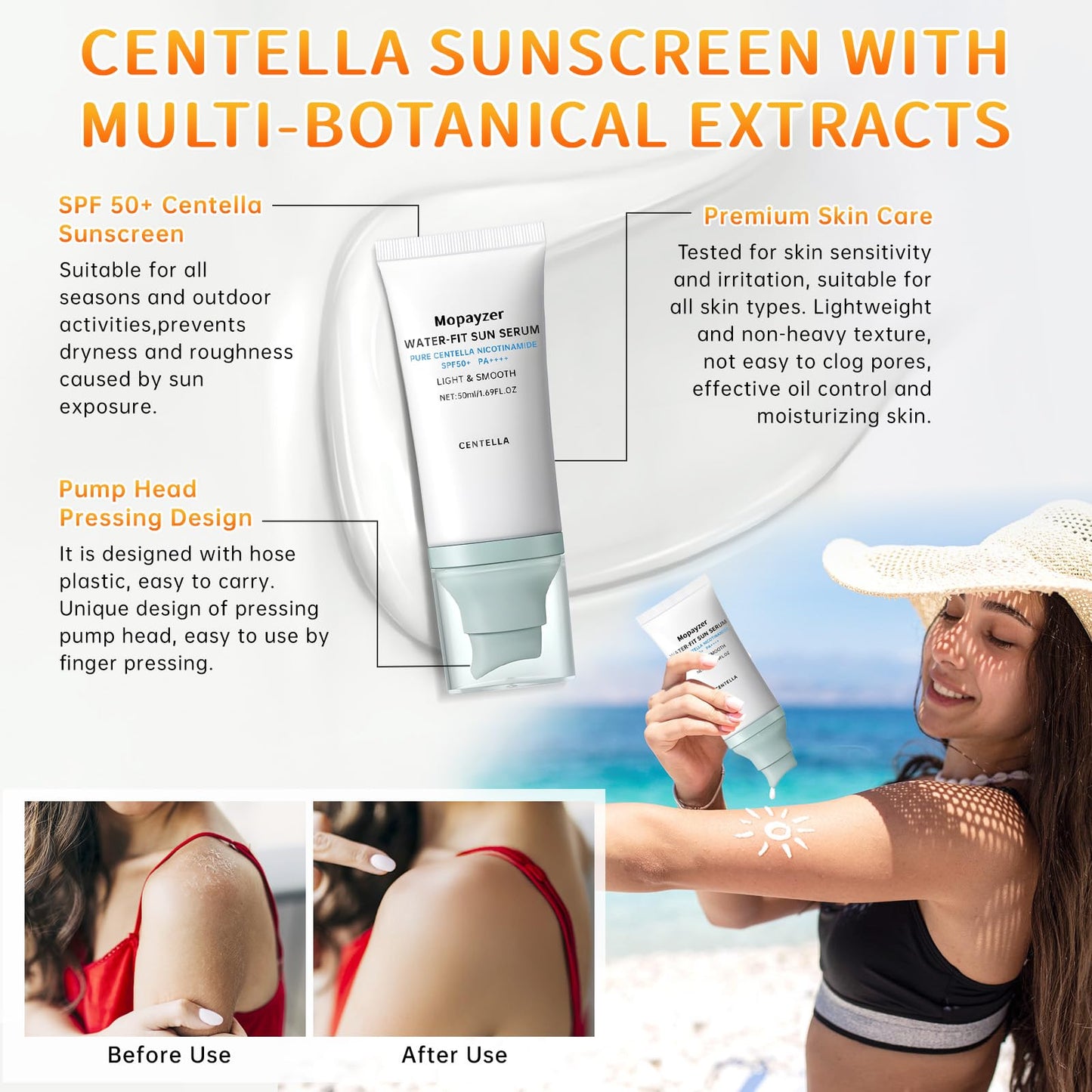 Centella Sunscreen SPF 50, Sunscreen for Face, Water Resistant Strong UV Protection No White Cast, Centella Madagascar Face Suntan Lotion Oil Free Korean Skincare(Green 1)