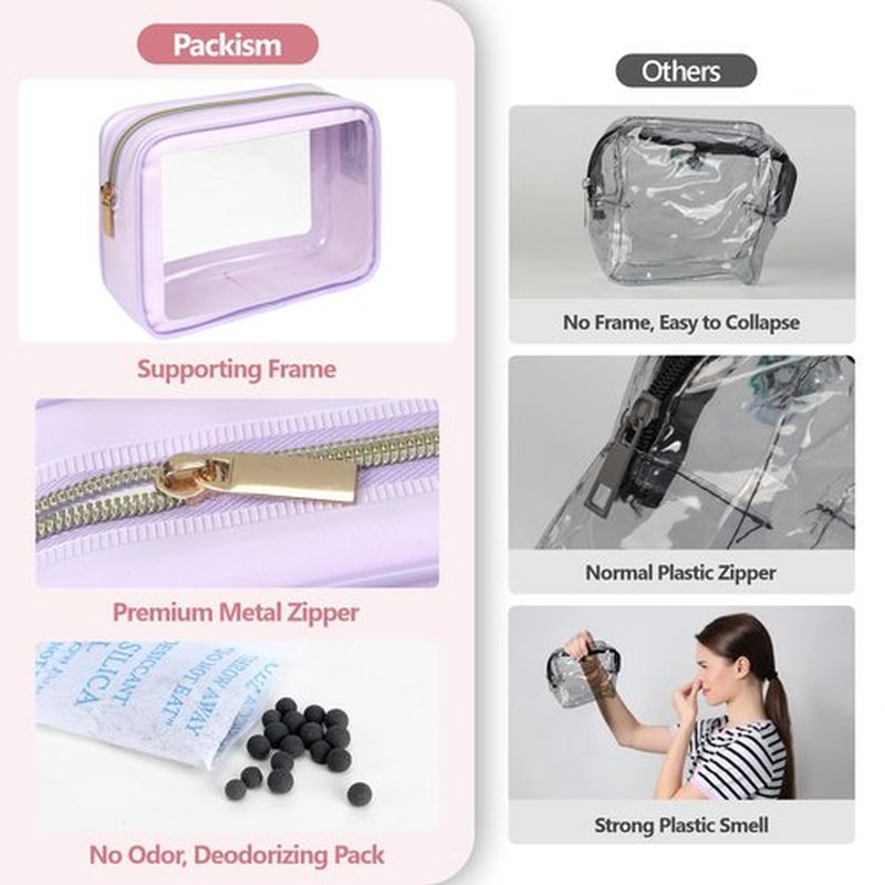 PACKISM TSA Approved Toiletry Bag - Amazing Color-Edged Clear Makeup Bag, 3 Pack in Spacious Space, Reusable Clear Toiletry Bags with Great Value, Purple