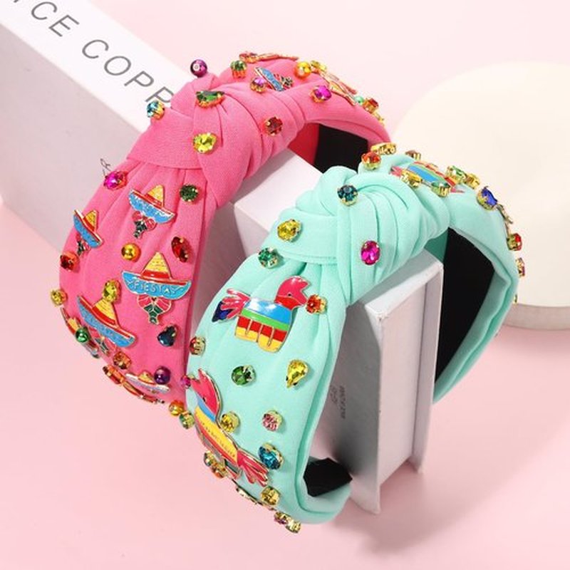 CEALXHENY Jeweled Mexican Headbands for Women, 2PCS Wide Top Knot Headband with Chili Pepper Charms, Fiesta Party Accessories, Cinco De Mayo Gifts (White, Hot Pink)