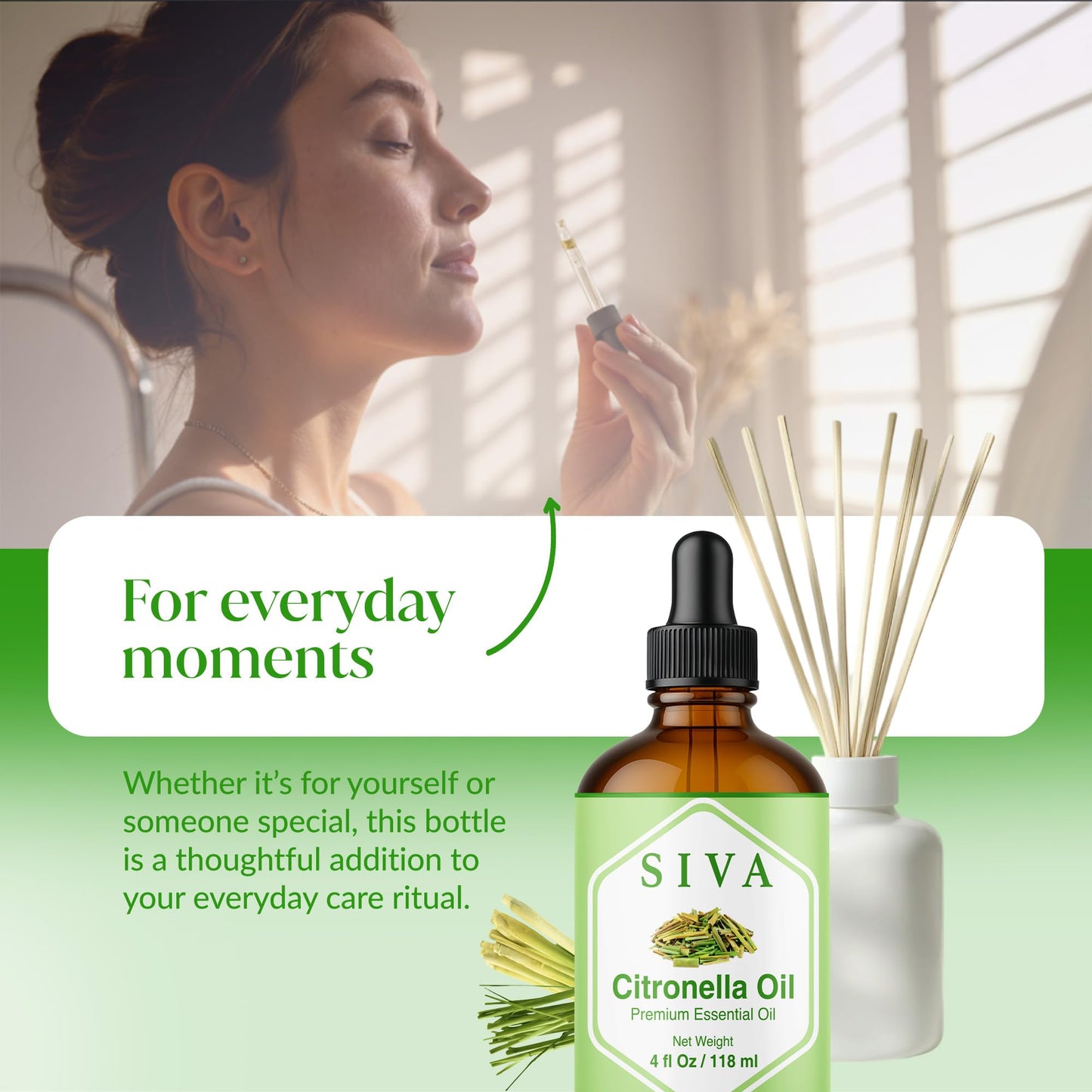 Siva Citronella Essential Oil 4 Fl Oz – for Diffuser, Skin & Hair Care – Ideal for Massage & DIY Blends- with Dropper