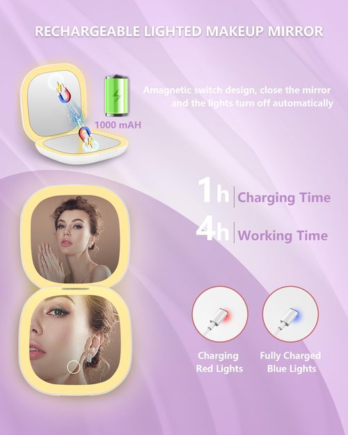 Dec.Metu Compact Mirror, 1X/5X Magnification Pocket Travel Makeup Mirror with Lights for Purse Rechargeable Small Handheld Mirror for Gift White