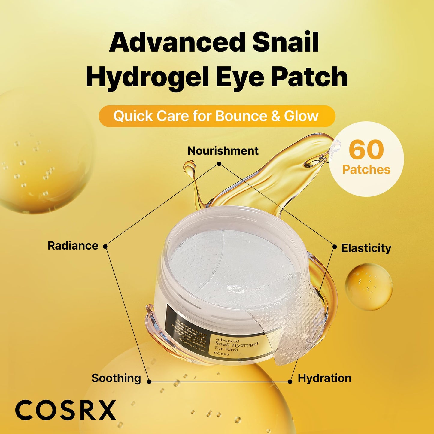 COSRX Advanced Snail Mucin Hydrogel Eye Patch for Fine Lines & Dry Under Eyes, Gel Serum Mask, Hydrating Under Eye Patches (60), Snail Eye Patches, Korean Skin Care