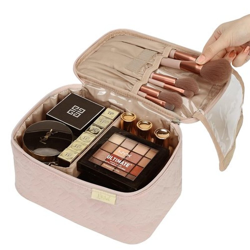 NISHEL Travel Makeup Bag Women, Cosmetic Organizer Case, Portable Travel Essentials Case for Travel-Size Accessories Bottles, Brushes, and Skin Care Products, Pink