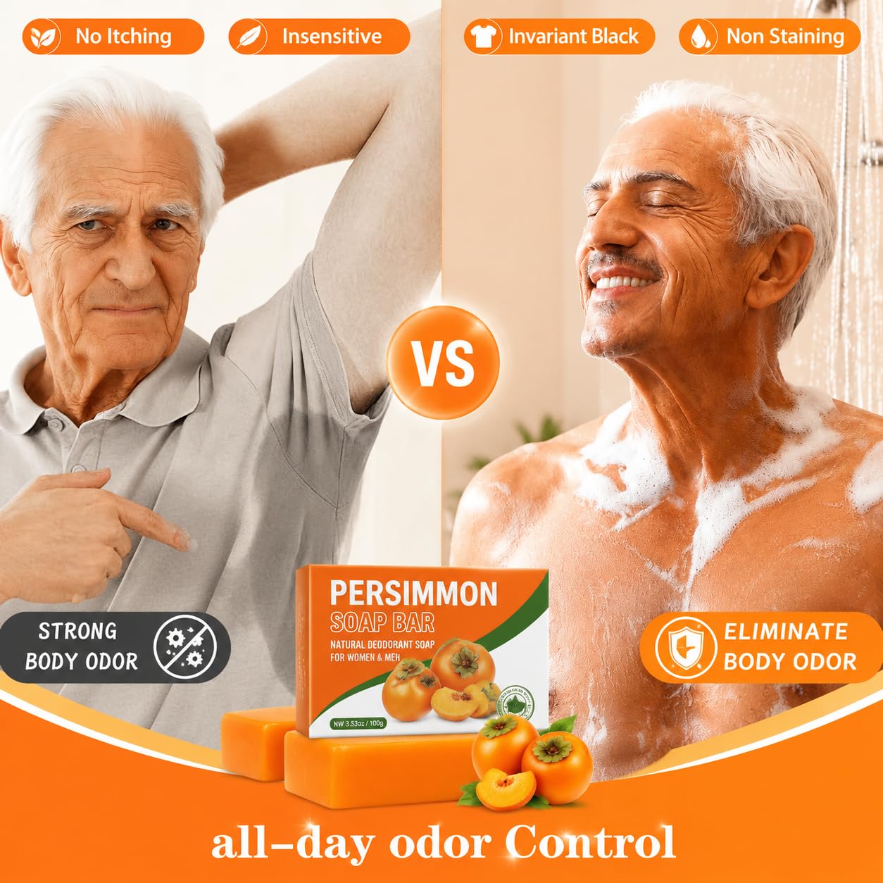2 PCS Persimmon Soap Bar for Body Odor Control – Natural & Organic Deodorant for Old People Smell. Handmade Bar Soap Removes Strong Odor, Deeply Cleansing & Moisturizing for Women & Men