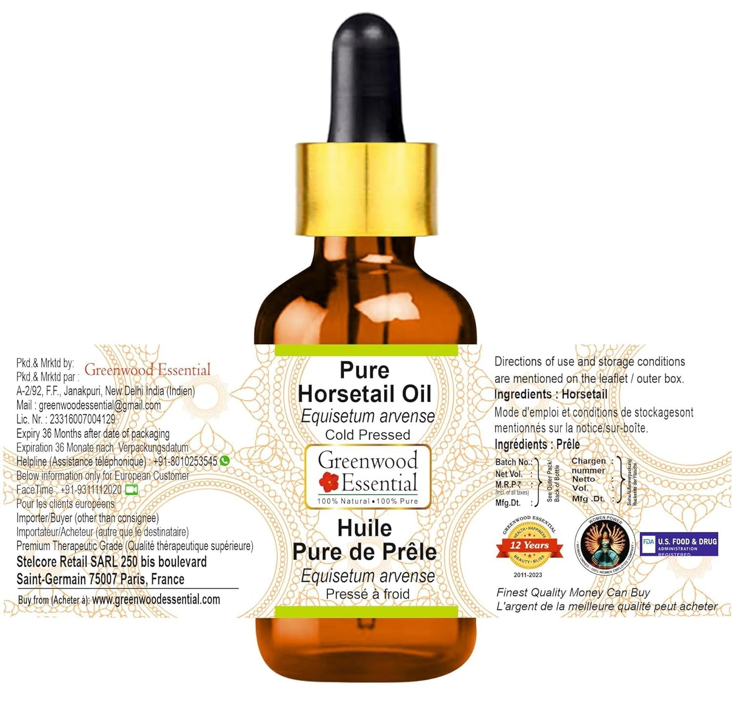 Greenwood Essential Horsetail Oil (Equisetum arvense) with Glass Dropper | Cold Pressed | Natural | Undiluted | For Diluting Essential Oils | For Hair, Skin & Massage | Men & Women | 50ml (1.69 oz)