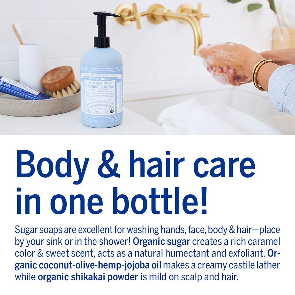 Dr. Bronner's Organic Sugar Soap (Baby Unscented, 24 Ounce) - Made with Regenerative Certified Organic Oils, Sugar & Shikakai Powder, 4-in-1 Use: Hands, Body, Face and Hair- Liquid Soap, Nourishes