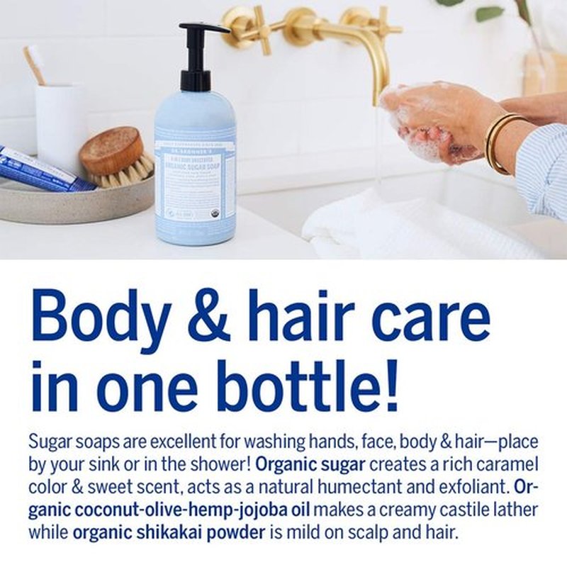 Dr. Bronner’s - Organic Sugar Soap (Baby Unscented, 64 Ounce) - Made with Organic Oils, Sugar and Shikakai Powder, 4-in-1 Use: Hands, Body, Face and Hair, Moisturizes and Nourishes, No Added Fragrance