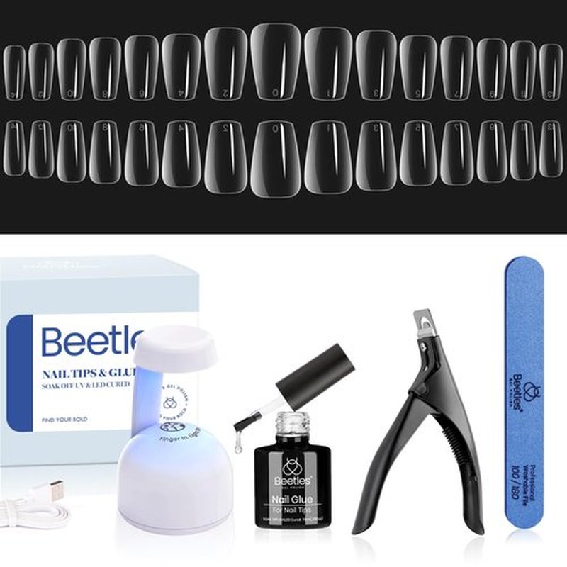 Beetles Gel Nail Tips Kit 240Pcs Short Coffin Shaped Tips, Easy Nail Extension Set with 5 in 1 Nail Glue, Innovative Led Lamp Funny Diy False Nail Tips Art Decoration Acrylic Nail Kit