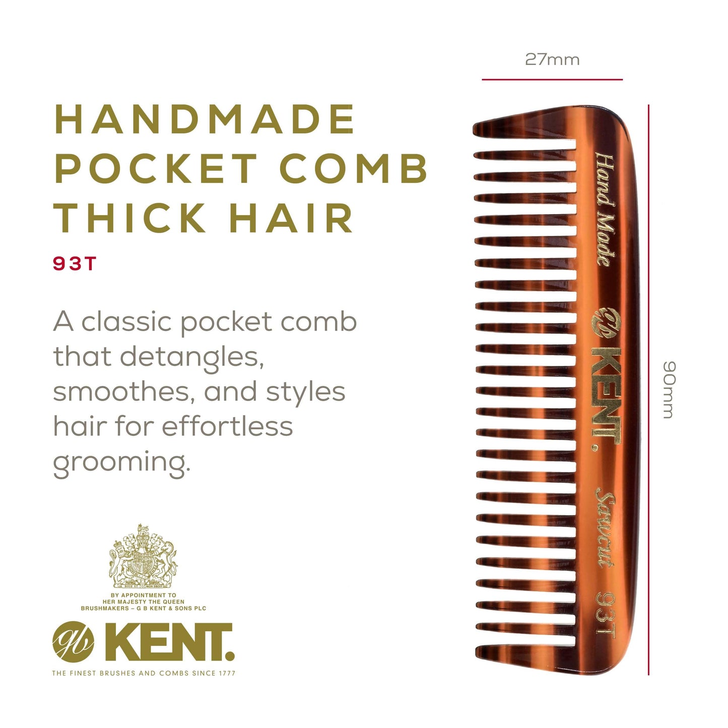 Kent 93T Mini Beard Comb - Wide Tooth Men's Travel Comb for Facial Hair Detangling