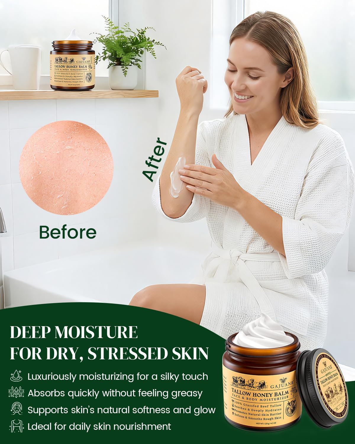 Beef Tallow for Skin: Whipped Beef Tallow Cream for Face & Body, Natural Moisturizing Cream with Honey and Beeswax, Grass-Fed Beef Tallow &Honey Blend, Lightweight Hydration for Dry Skin, 4.2Oz