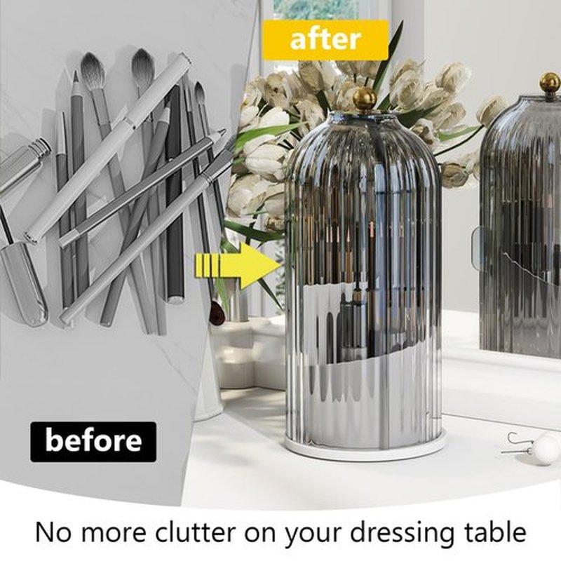 Emljkvp Makeup Brush Holder with Dustproof Cover 360 Rotating Makeup Brush Organizer for Vanity Bathroom, Grey