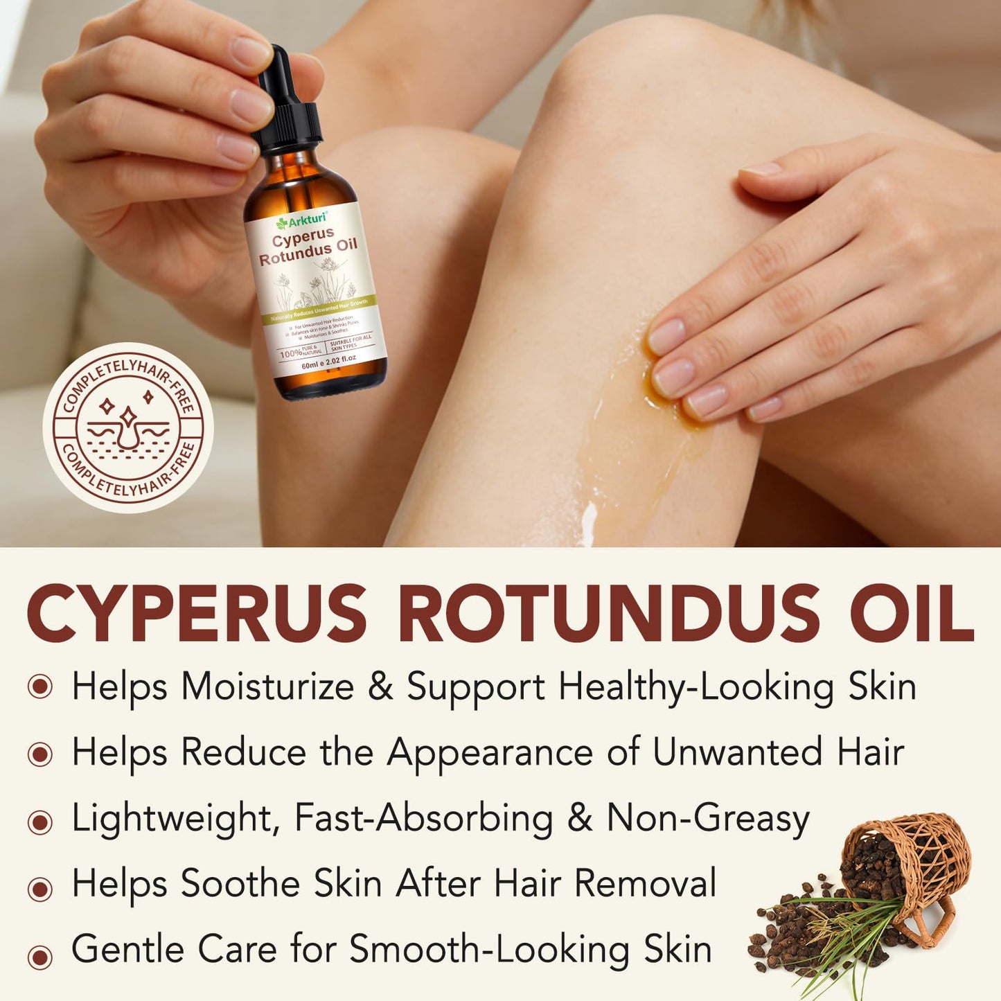 Cyperus Rotundus Oil, Cyperus Rotundus Oil for Hair Removal, Reduces Unwanted Hair Growth, Moisturizing & Soothing, Natural Inhibitor to Reduce Body Hair Growth, Shrink Pores
