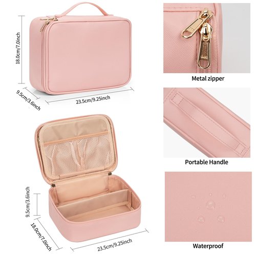 OCHEAL Makeup Bag, Potable Make up Bag Cute Makeup Organizer Bag for Toiletry Cosmetics Accessories with Divider and Brushes Compartments, Makeup Travel Case Cosmetic Bags Women and Girls-Pink