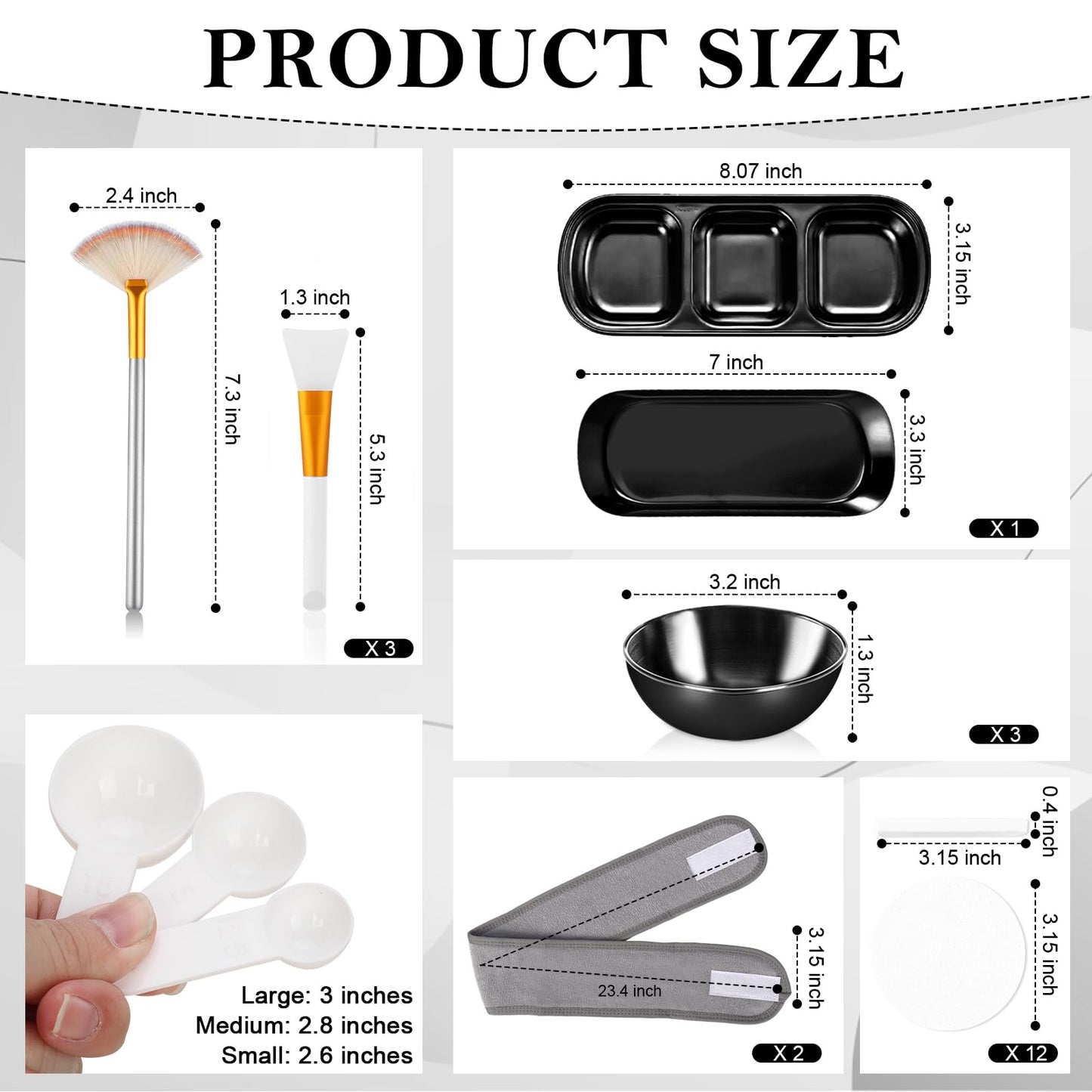 28 Black Facial Supplies 3 Facial Mask Mixing Bowls 3 Facial Fan Brushes 3 Mask Applicator Brushes 3 Mask Measuring Spoons Skincare Tray 3-Compartment Serving Tray 12 Facial Sponges 2 Spa Headbands