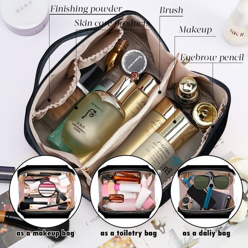 MINGRI Large Capacity Travel Cosmetic Bag for Women,Portable PU Leather Checkered Makeup Bag Water Resistant,Flat Open Multifunctional Storage Toiletry Bag with Divider and Handle (Woven-Black)