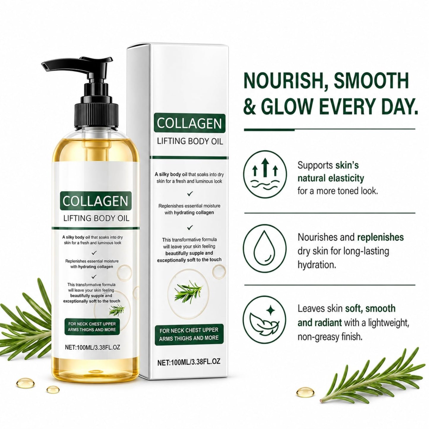 Elycura Collagen Lifting Body Oil – Collagen Oil for Tightening-Looking Skin, Firming-Looking Body Oil with Vitamin C & E, Non-Greasy After Shower Oil for Crepey Skin & Firmer Look, 3.38 Fl Oz