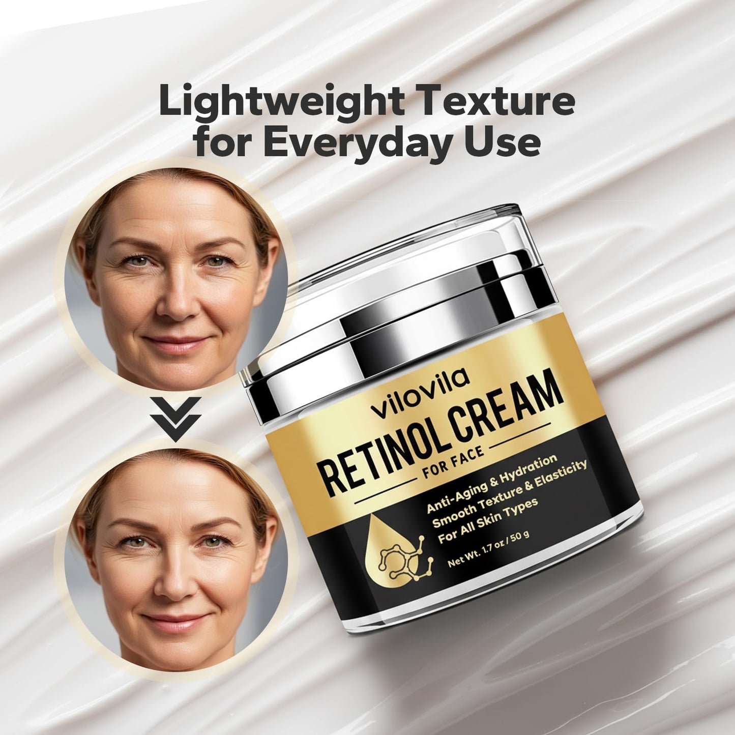 ViloVila Retinol Cream For Face (1.7 Oz), Retinoids For Facial, Anti Aging Face Cream with Retinol & Hyaluronic Acid, Day & Night Facial Moisturizer for Women & Men, Hydrating Creams for Fine Lines