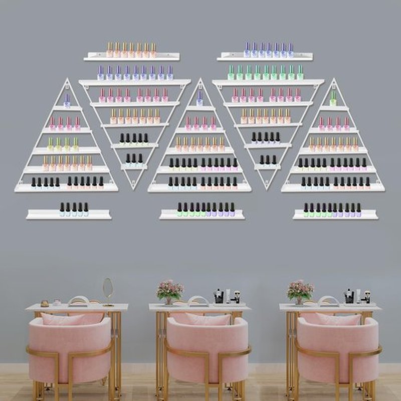 LEYSRIS Wall-Mounted Nail Polish Rack, Set of 10 Triangular White Nail Polish Shelf Lipstick Perfume Cosmetic Display Shelf for Home Spa Nail Salon Shop