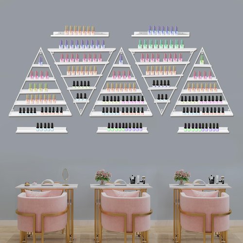 LEYSRIS Wall-Mounted Nail Polish Rack, Set of 10 Triangular White Nail Polish Shelf Lipstick Perfume Cosmetic Display Shelf for Home Spa Nail Salon Shop