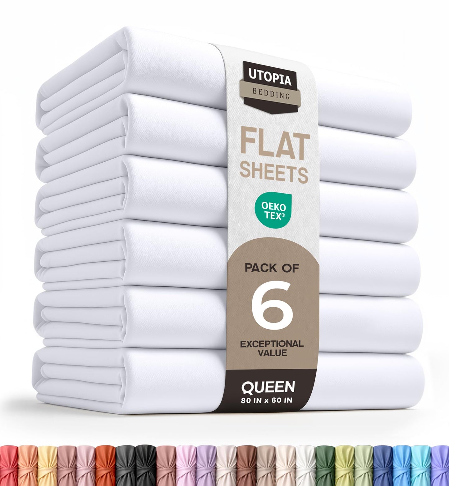 Utopia Bedding Flat Sheets - Pack of 6 - Soft Brushed Microfiber Fabric - Shrinkage & Fade Resistant Top Sheets - Easy Care (Queen, White)