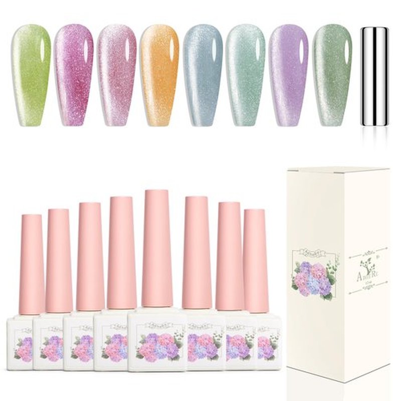 Adhere 8Pcs 12ML Color Transparent Candy Crystal Cat Eye Gel Nail Polish Kit with Magnet Jelly Color Jewelry Cat Eye Series Gel Polish Soak Off Led Nail Art Gel Manicure Salon DIY Gifts