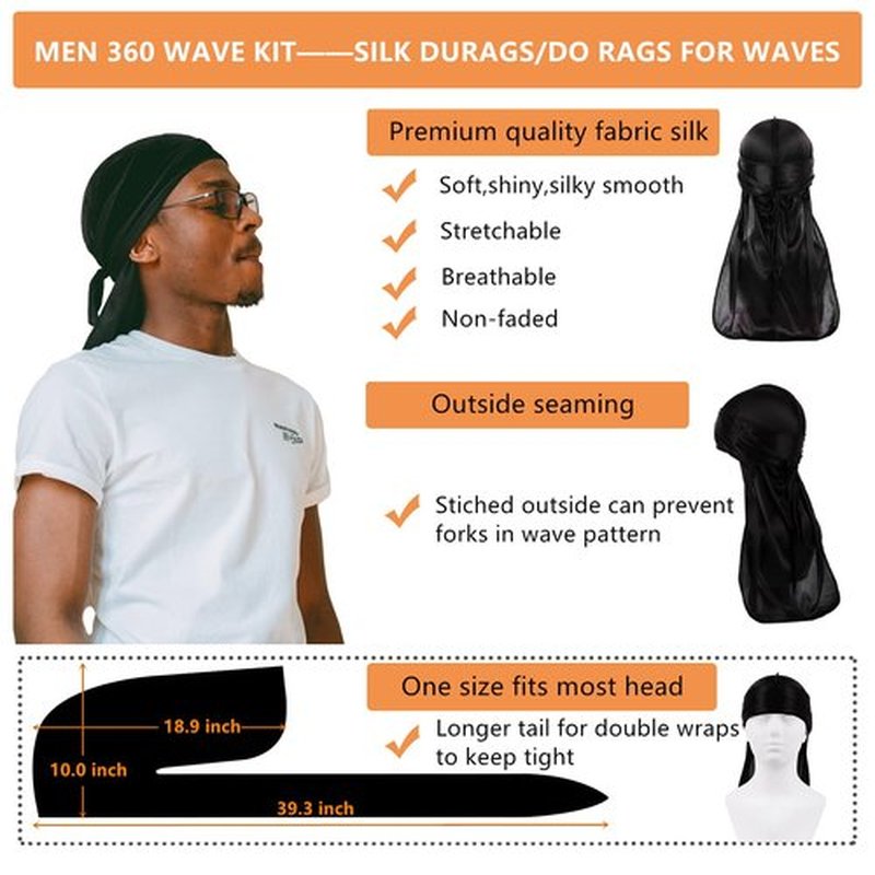 Himoswis 360 Wave Kit: Hair Brush, Silk Durags, Crown Patch for Men's Hair Waves