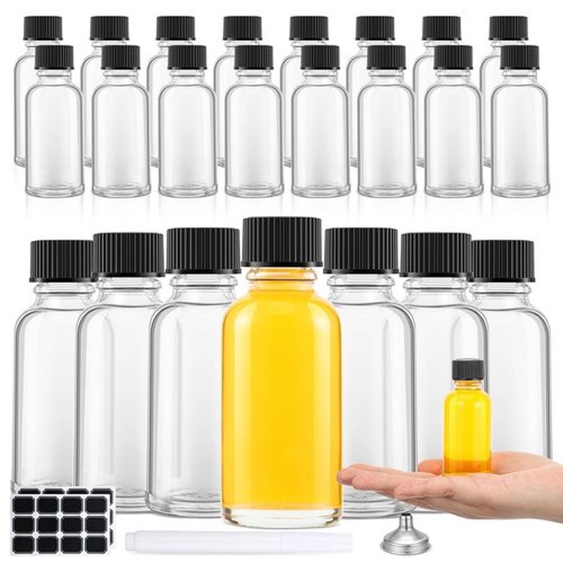 Hsei 24 Pcs 1 oz Glass Bottle with Black Cap Clear Sample Boston Round Bottle Small Glass Containers with Lids 1 oz Bottles with Funnel Chalk Labels Pen for Vanilla Extract Essential Oils (2 Sheet)