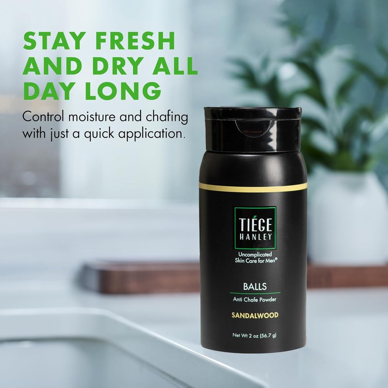 Tiege Hanley Anti-Chafe Powder for Men - Cooling Body Powder Deodorant | Sandalwood Scent, 2 Oz