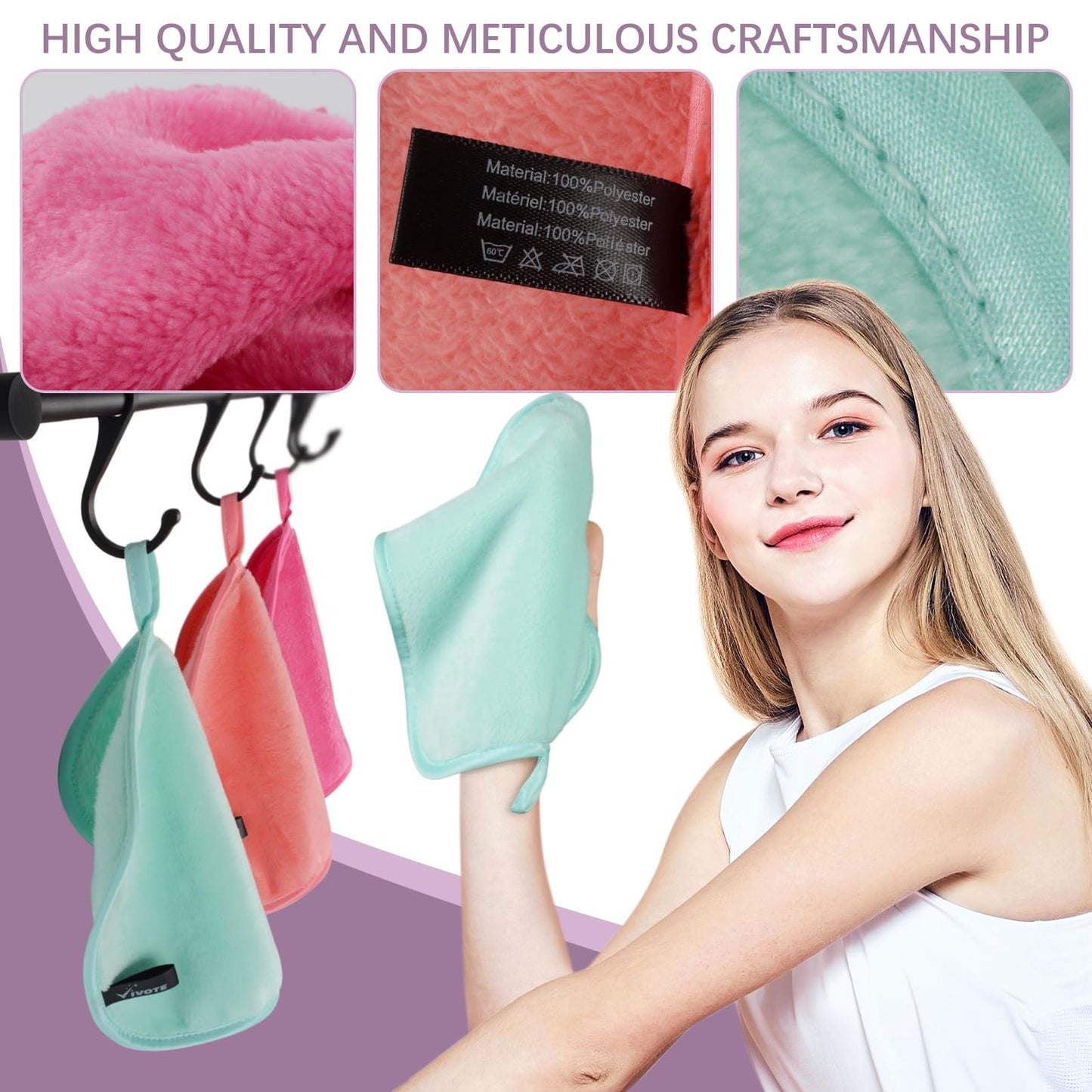 VIVOTE Microfiber Face Cloth Quick Drying Flannel Face Cloth Reusable Makeup Remover Cloth, Ultra Soft Wash Cloth for Face (20cmx20cm,6pack, Multi-color)