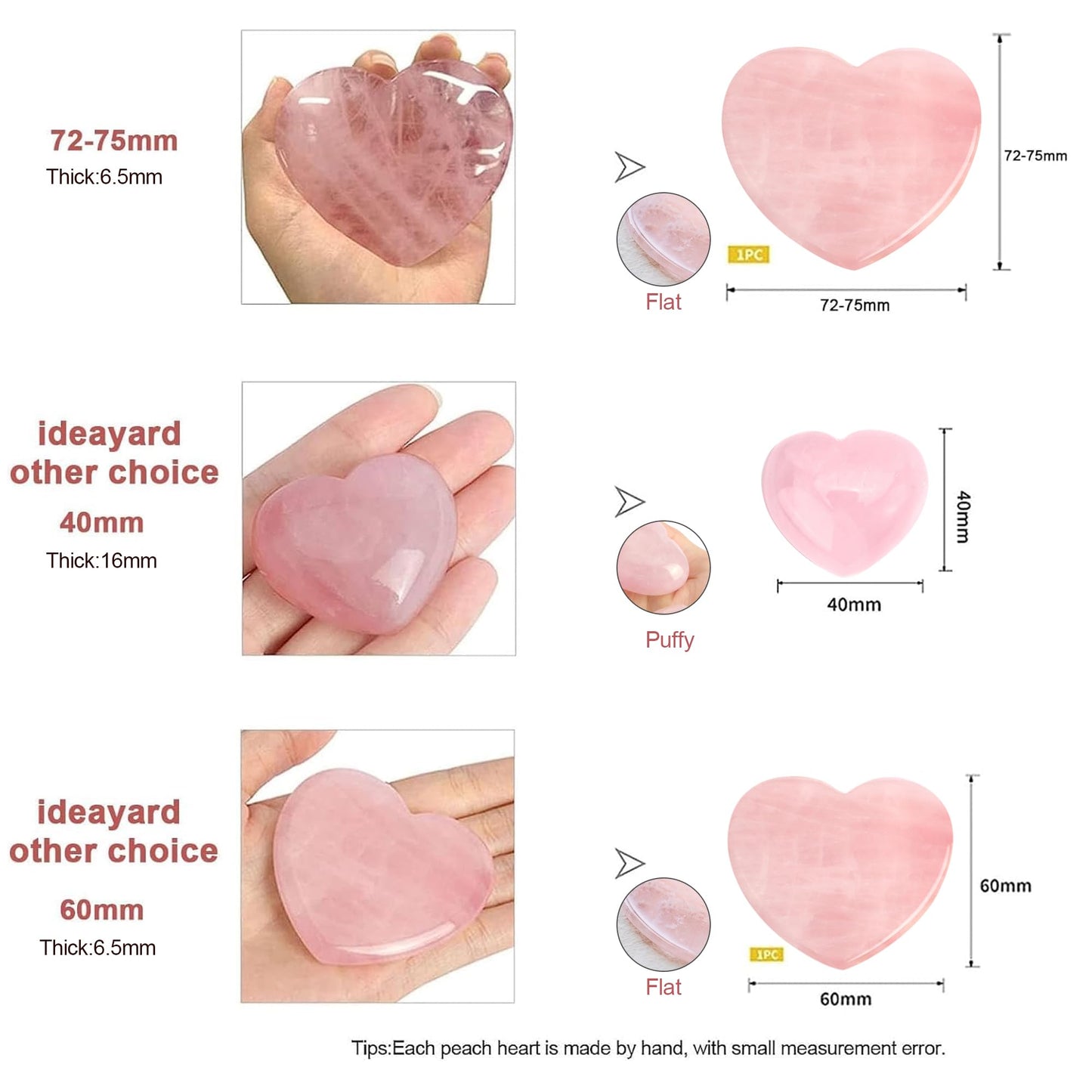 ideayard Big Rose Quartz Heart, 75mm Love Healing Crystal Gift, Meditation Quartz Palm Stone, Worry Stone for Relieve Anxiety Stress Tool