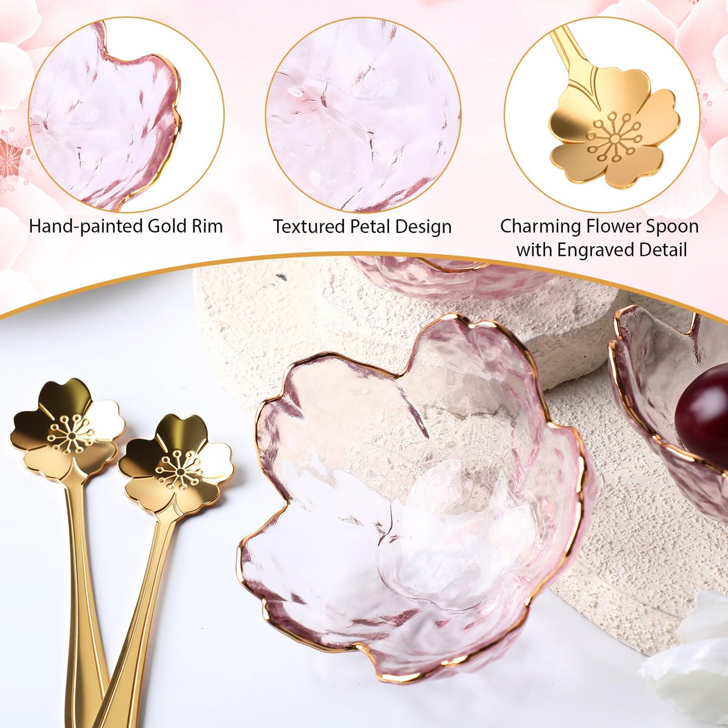 Yiyiring Set of 8 Pink Cherry Blossom Glass Bowls with Flower Spoons, Sakura Sauce Dishes Seasoning Little Bowl Japanese Flower Crystal Glass Appetizer Plates for Dipping Ice Cream(Gold Rim)