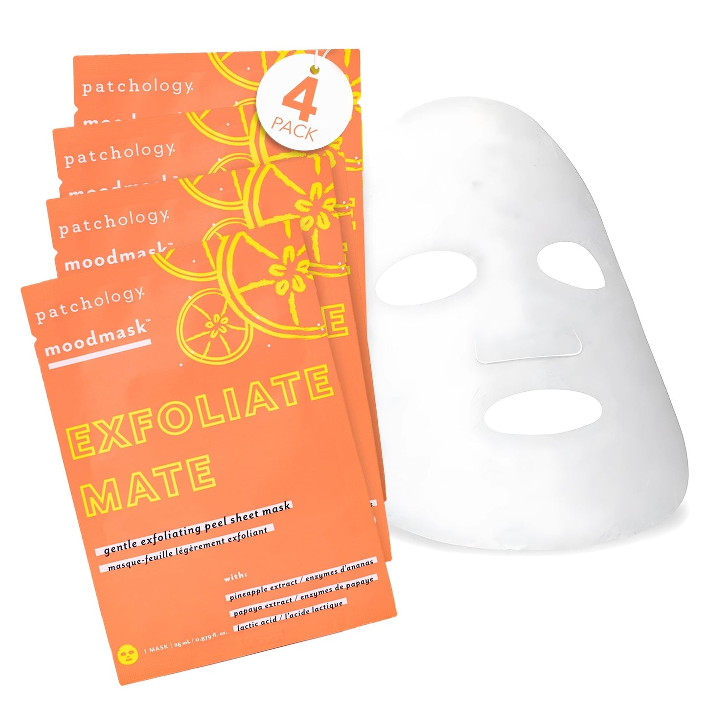 Patchology Exfoliate Mate Face Mask - Exfoliating Facial Sheet Masks w/Papaya & Lactic Acid Serum, Removes Dead Skins & Unclogs Pores for Smooth & Brighter Skin - Ultimate Skincare Solution (4 Count)