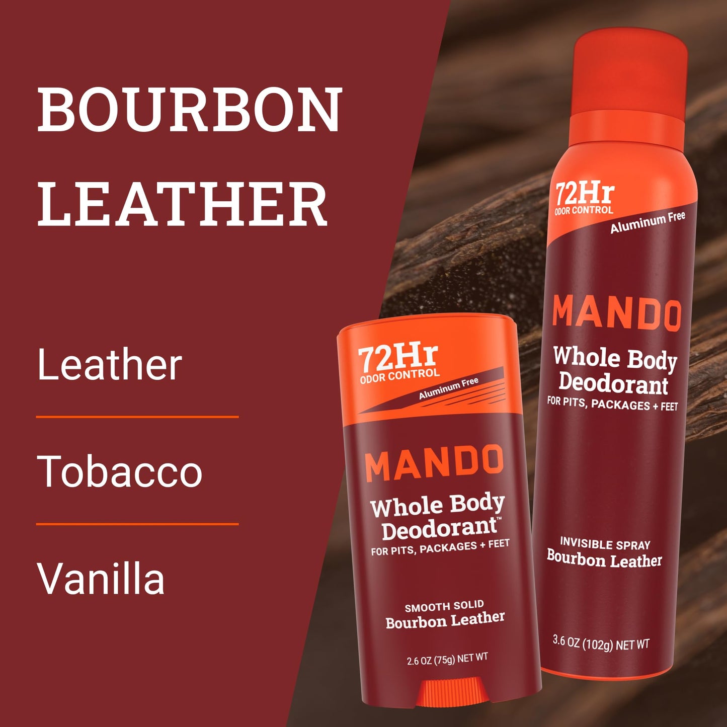 Mando Whole Body Deodorant - Stick and Spray - 2 pc Bundle - Bourbon