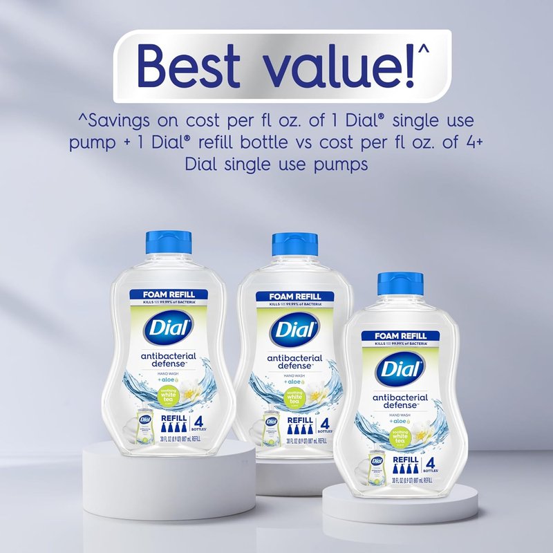 Dial Antibacterial Defense Foaming Hand Soap - Aloe & White Tea, 30 Fl Oz Refill Pack of 4, Dermatologist-Tested
