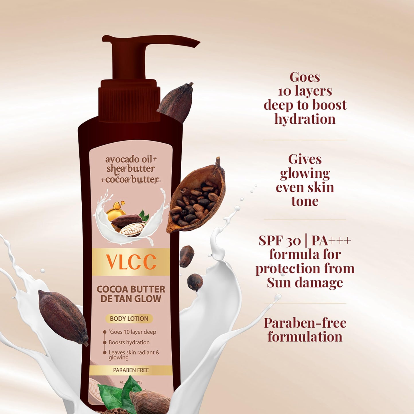 VLCC Cocoa Butter De Tan Body Lotion - Deep Moisturizing Body Lotion for Women - Hydrating Body Cream with Shea Butter and Avocado Oil - 13.5 oz